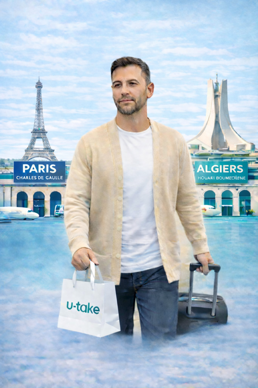 Professional traveller with rolling suitcase at modern airport terminal