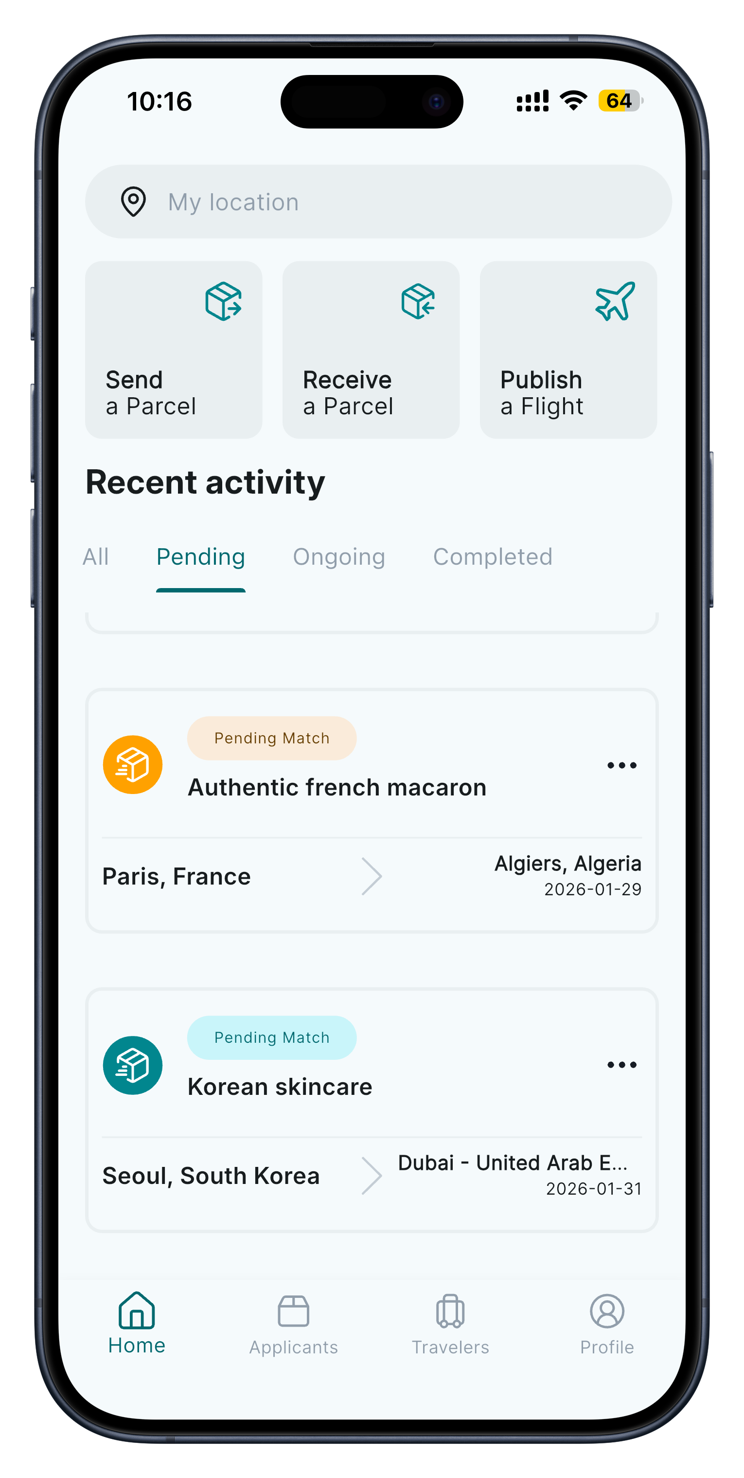 U-Take mobile app home screen with parcel delivery options